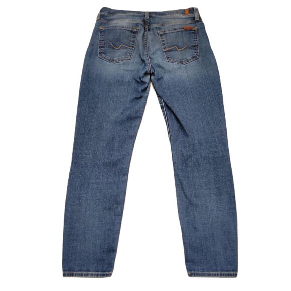 7 For All Mankind Cropped Skinny  Medium Wash Distressed Jeans Sz 28 - Picture 2 of 11